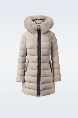 Beige Mackage Calla Agile-360 Stretch Light Blue Fox Fur Collar Women's Down Coats | ZJWL40658