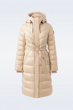 Beige Mackage Coralia Light Hood And Sash Belt Women's Down Coats | DUOC94206