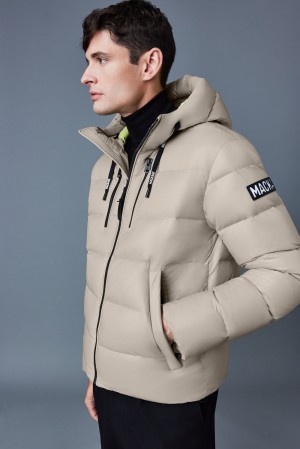 Beige Mackage Victor Lustrous Light Hood Men's Down Jackets | TPUA24301