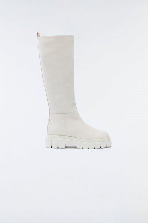 Cream Mackage Commander Shearling-Lined Lug Sole (R) Leather Women's Tall Boots | PBJZ19743