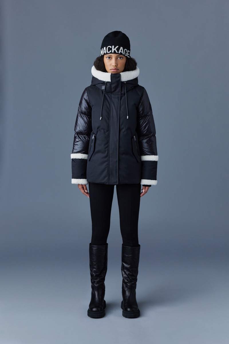 Black Mackage Cyrah Arctic Twill Shearling Trim Women's Down Jackets | FZOC97638