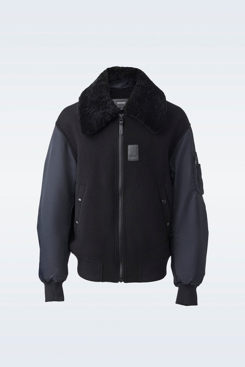 Black Mackage Leonard Wool Men's Bomber Jackets | KNHT36108