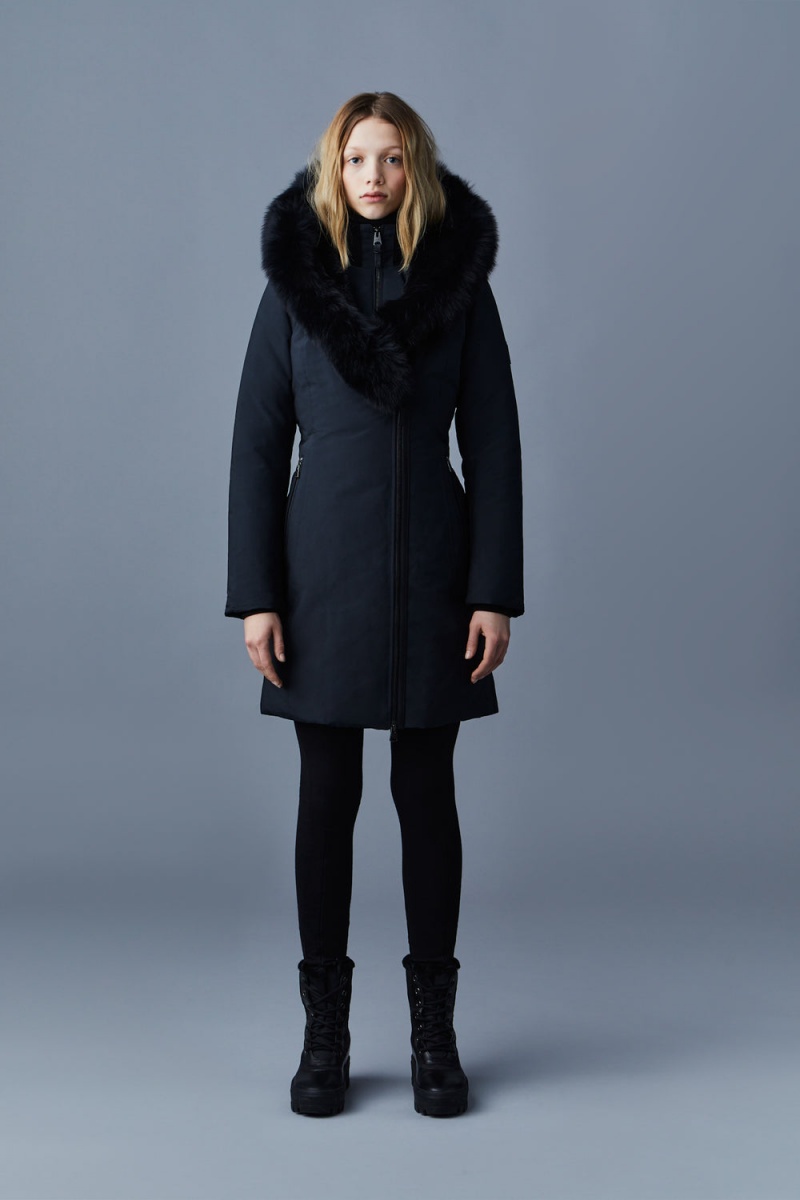 Black Mackage Trish Powder Touch Blue Fox Fur Signature Mackage Collar Women's Down Coats | CSLH79824