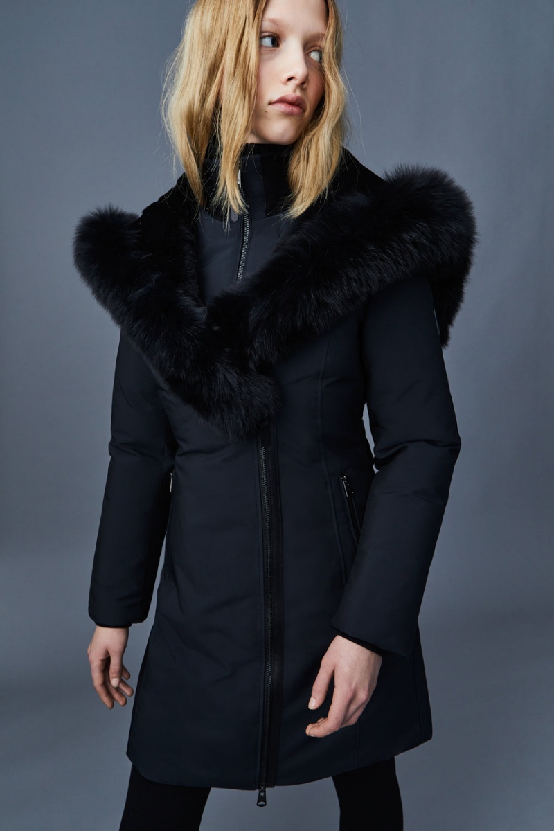 Black Mackage Trish Powder Touch Blue Fox Fur Signature Mackage Collar Women's Down Coats | CSLH79824