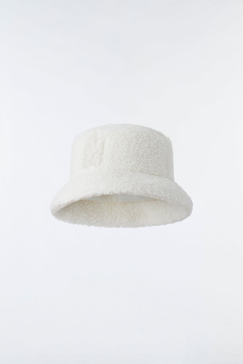 Cream Mackage Bennet Teddy Down Bucket Logo Women's Hats | AOZG82536