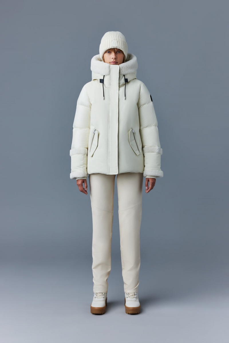 Cream Mackage Cyrah Arctic Twill Shearling Trim Women's Down Jackets | GXKB12678