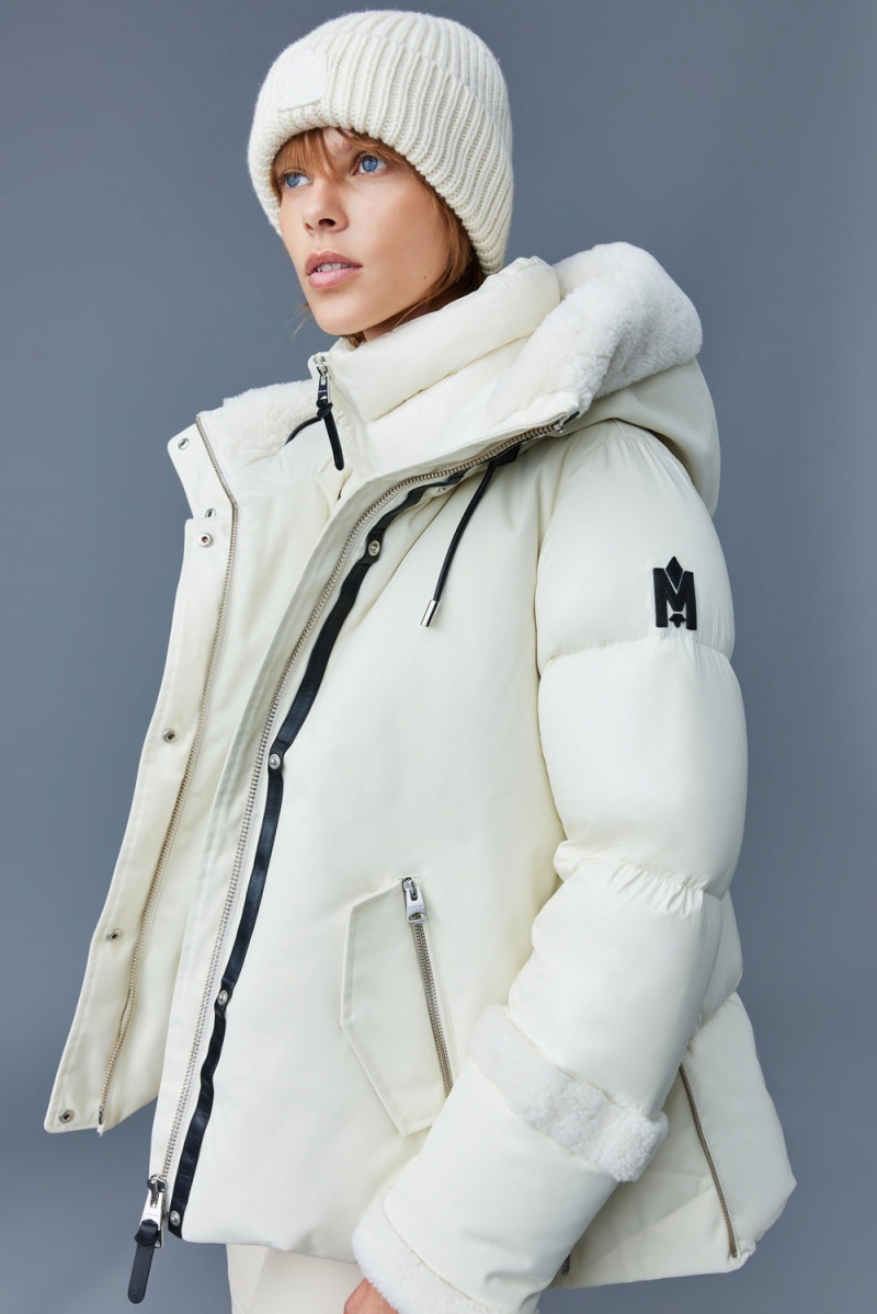 Cream Mackage Cyrah Arctic Twill Shearling Trim Women's Down Jackets | GXKB12678