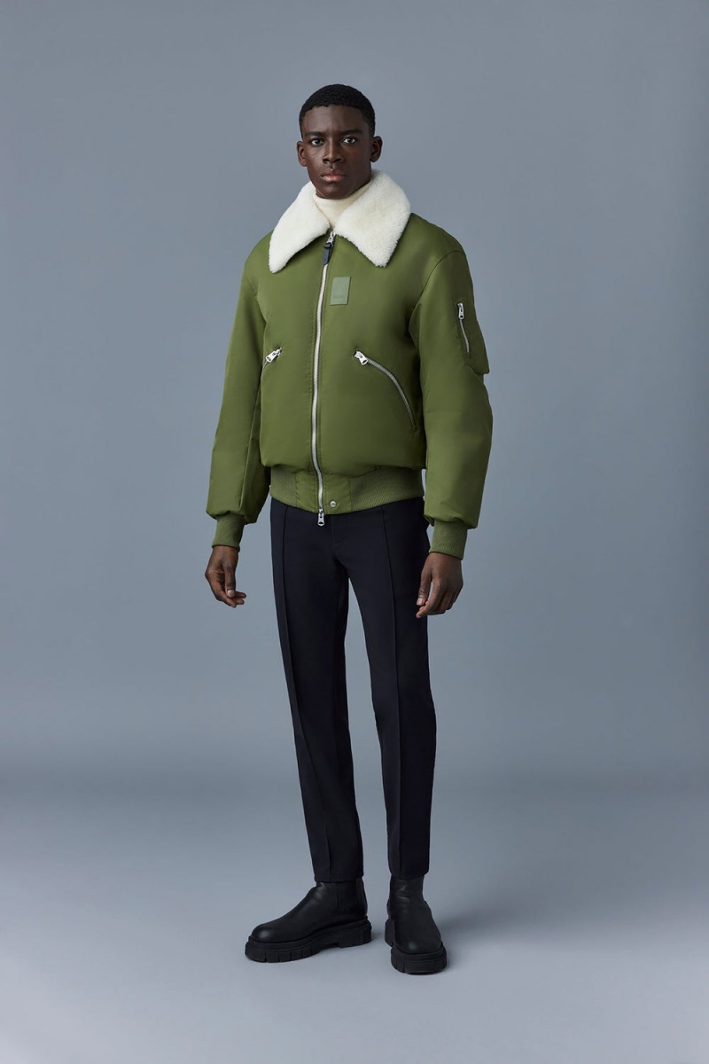 Olive Mackage Francis Down Shearling Collar Men's Bomber Jackets | AQXL89403