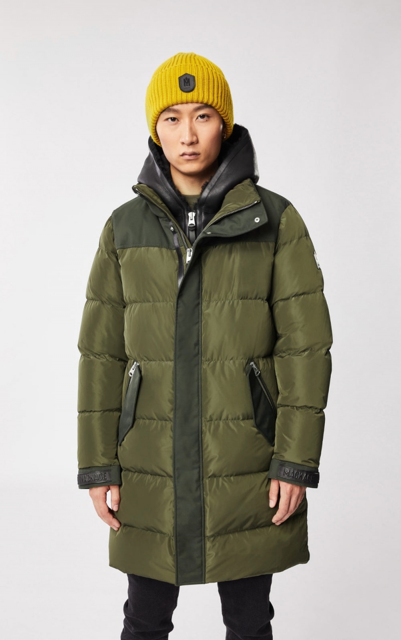 Olive Mackage Reynold Removable Shearling Bib And Hood Men's Down Coats | FBOU40196