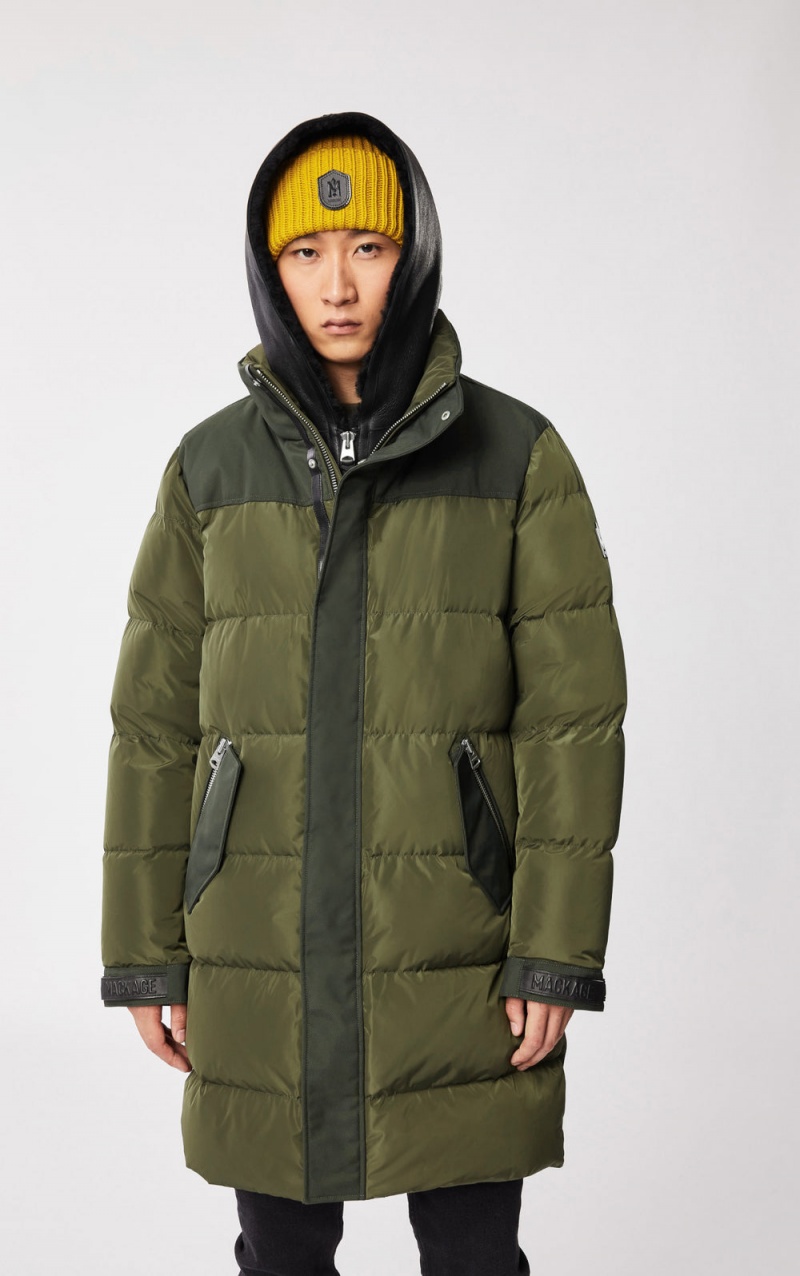 Olive Mackage Reynold Removable Shearling Bib And Hood Men's Down Coats | FBOU40196